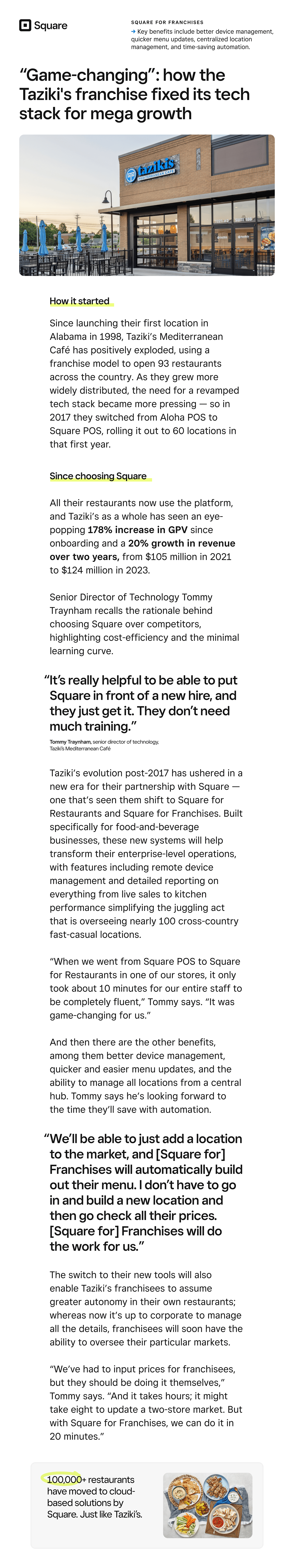Square for Franchises

→ Key benefits include better device management, quicker menu updates, centralized location management, and time-saving automation.

“Game-changing”: how the Taziki's franchise fixed its tech stack for mega growth

How it started

Since launching their first location in Alabama in 1998, Taziki’s Mediterranean Café has positively exploded, using a franchise model to open 93 restaurants across the country. As they grew more widely distributed, the need for a revamped tech stack became more pressing — so in 2017 they switched from Aloha POS to Square POS, rolling it out to 60 locations in that first year.

Since choosing Square

All their restaurants now use the platform, and Taziki’s as a whole has seen an eye-popping __178% increase in GPV__ since onboarding and a All their restaurants now use the platform, and Taziki’s as a whole has seen an eye-popping 178% increase in GPV since onboarding and a 20% growth in revenue over two years, from $105 million in 2021 to $124 million in 2023.

Senior Director of Technology Tommy Traynham recalls the rationale behind choosing Square over competitors, highlighting cost-efficiency and the minimal learning curve., from $105 million in 2021 to $124 million in 2023.

Senior Director of Technology Tommy Traynham recalls the rationale behind choosing Square over competitors, highlighting cost-efficiency and the minimal learning curve.

“It’s really helpful to be able to put Square in front of a new hire, and they just get it. They don’t need much training.”

Tommy Traynham, senior director of technology, Taziki’s Mediterranean Café

Taziki’s evolution post-2017 has ushered in a new era for their partnership with Square — one that’s seen them shift to Square for Restaurants and Square for Franchises. Built specifically for food-and-beverage businesses, these new systems will help transform their enterprise-level operations, with features including remote device management and detailed reporting on everything from live sales to kitchen performance simplifying the juggling act that is overseeing nearly 100 cross-country fast-casual locations.

“When we went from Square POS to Square for Restaurants in one of our stores, it only took about 10 minutes for our entire staff to be completely fluent,” Tommy says. “It was game-changing for us.”

And then there are the other benefits, among them better device management, quicker and easier menu updates, and the ability to manage all locations from a central hub. Tommy says he’s looking forward to the time they’ll save with automation.

“We’ll be able to just add a location to the market, and Square for Franchises will automatically build out their menu. I don’t have to go in and build a new location and then go check all their prices. Square for Franchises will do the work for us.”

The switch to their new tools will also enable Taziki’s franchisees to assume greater autonomy in their own restaurants; whereas now it’s up to corporate to manage all the details, franchisees will soon have the ability to oversee their particular markets.

“We’ve had to input prices for franchisees, but they should be doing it themselves,” Tommy says. “And it takes hours; it might take eight to update a two-store market. But with Square for Franchises, we can do it in 20 minutes.”

100,000+ restaurants have moved to cloud-based solutions by Square. Just like Taziki’s.